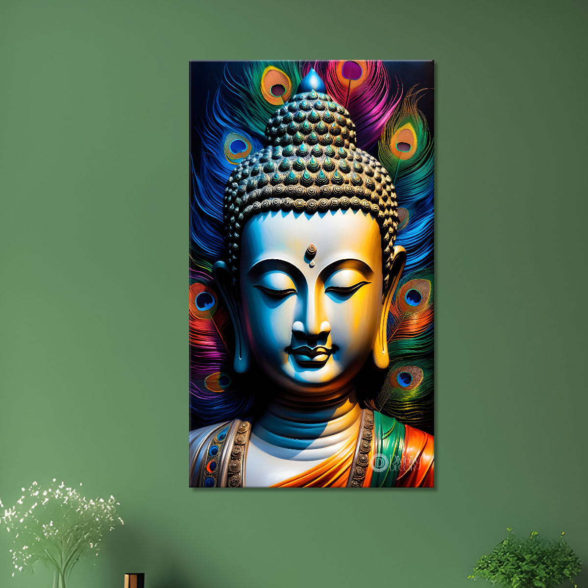 Golden buddha with colourful peacock feathers painting Buddha-V-222