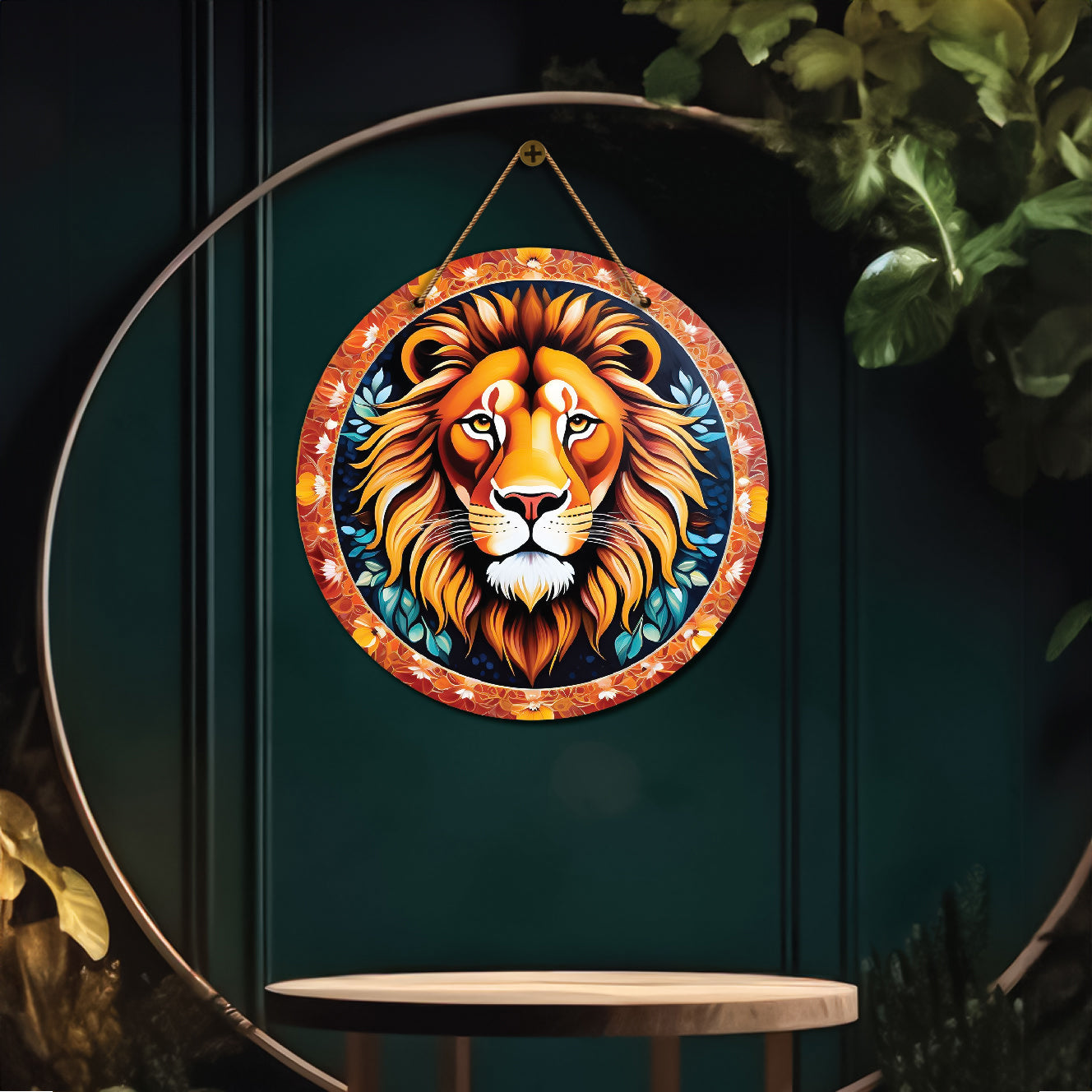 Lion in blue and orange mandala Round Wooden Wall Hanging for wall Décor - Design - 222