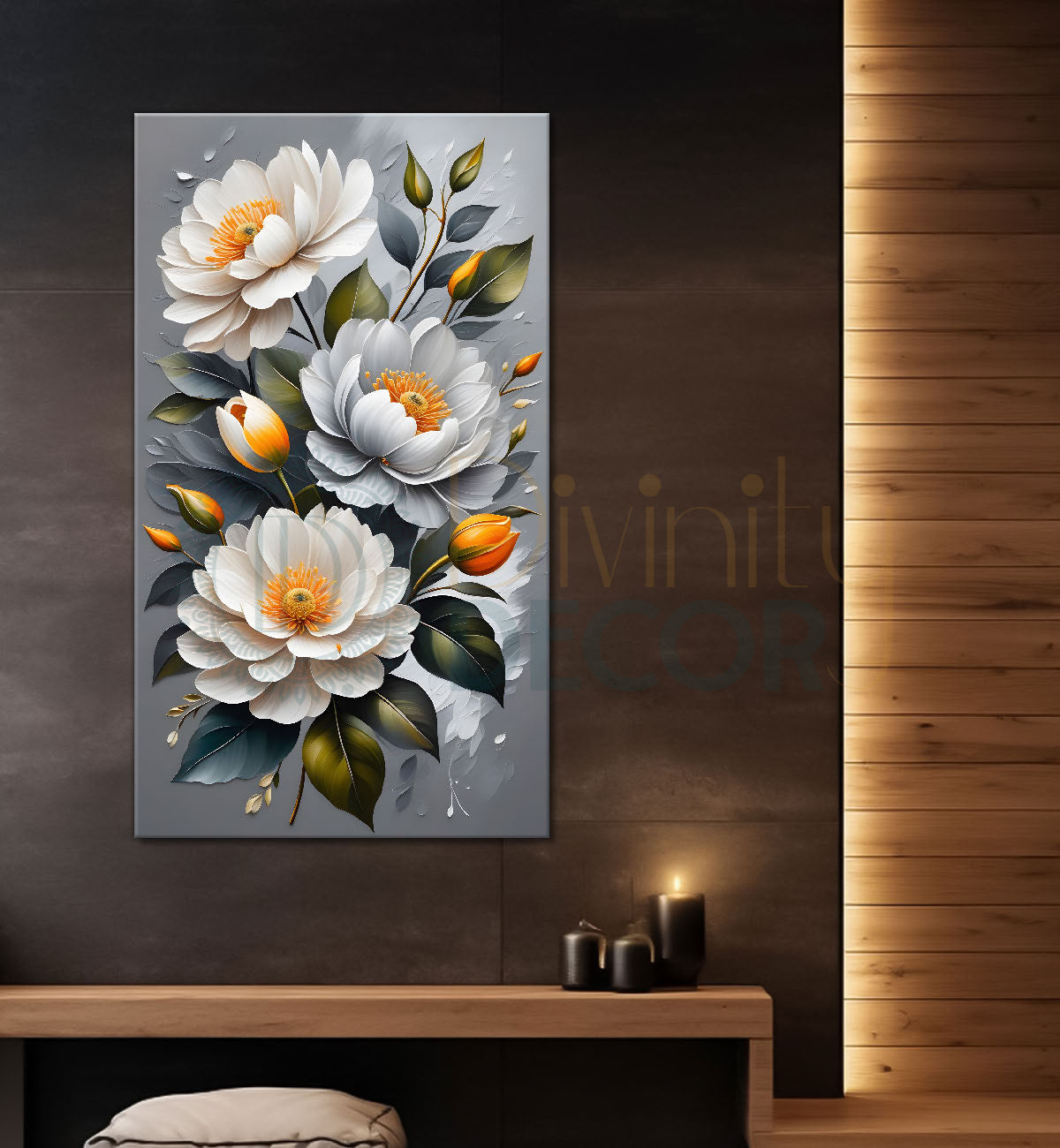 White flowers in grey textured background painting- Flower-V-222