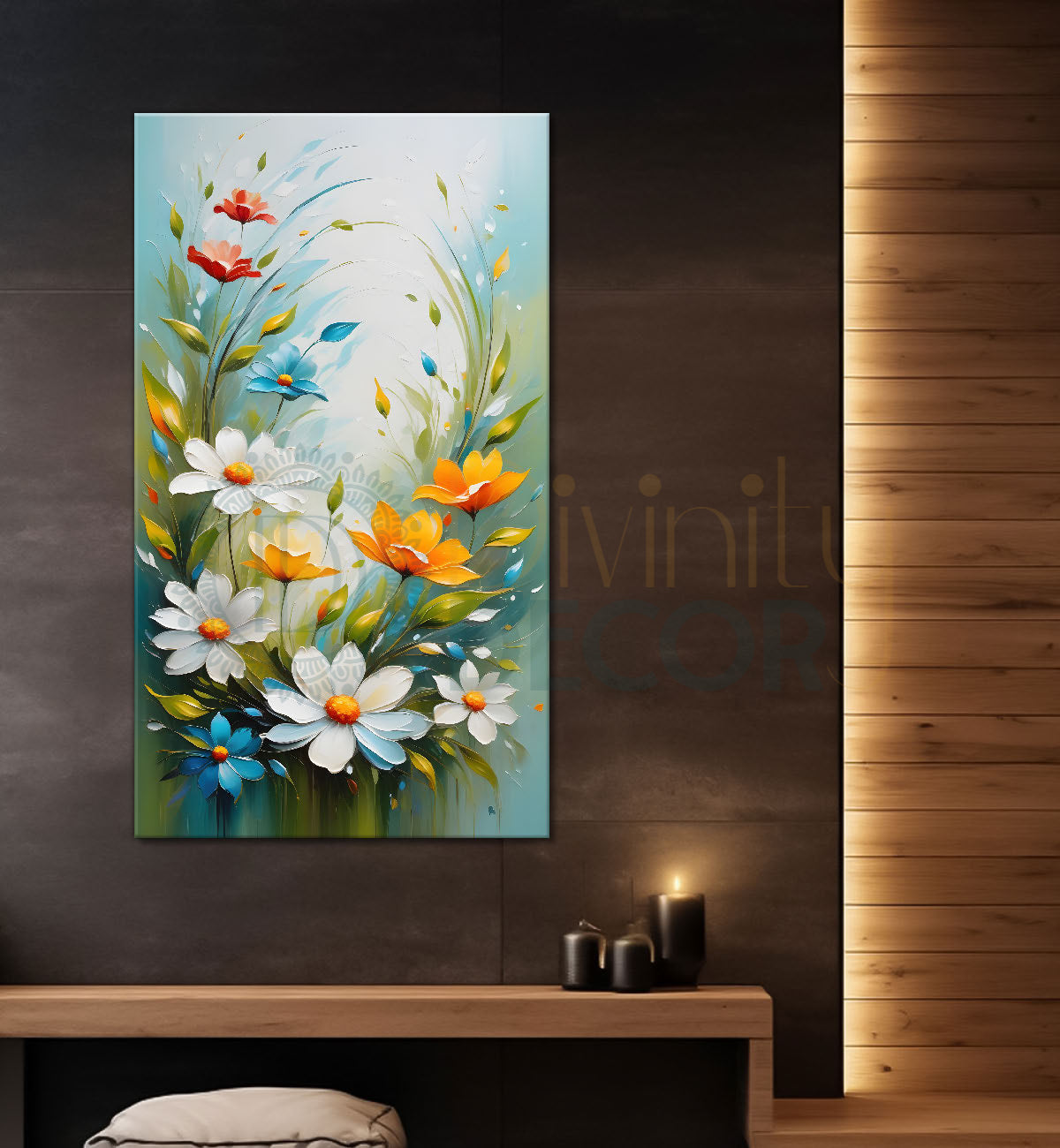 White flowers in sky blue textured background painting- Flower-V-223