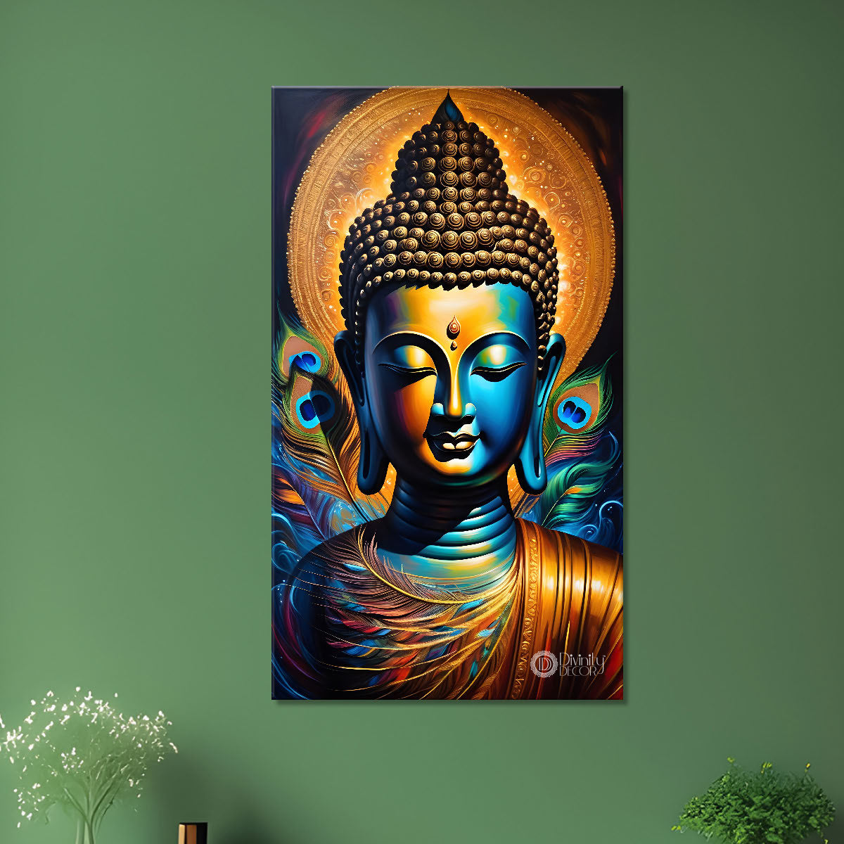 Golden buddha with peacock feathers painting Buddha-V-223