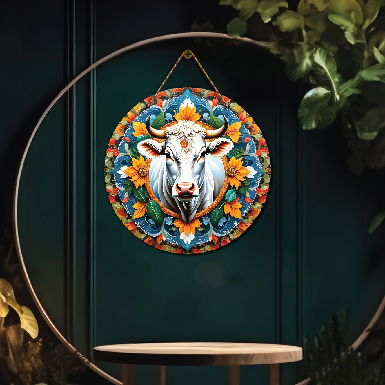 Cow in yellow and blue mandala Round Wooden Wall Hanging for wall Décor - Design - 223