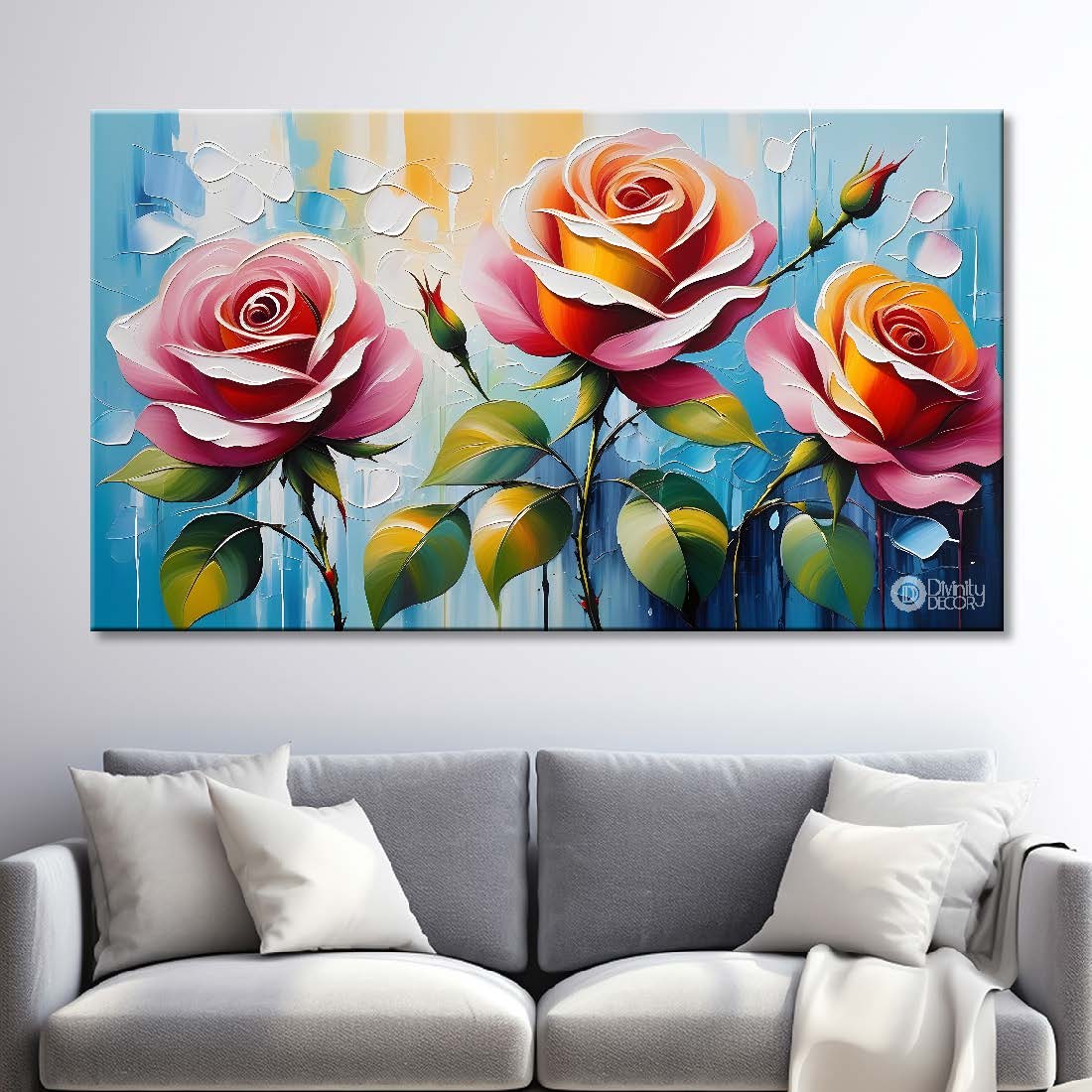 Pink roses with blue textured background painting- Design - Flower-224