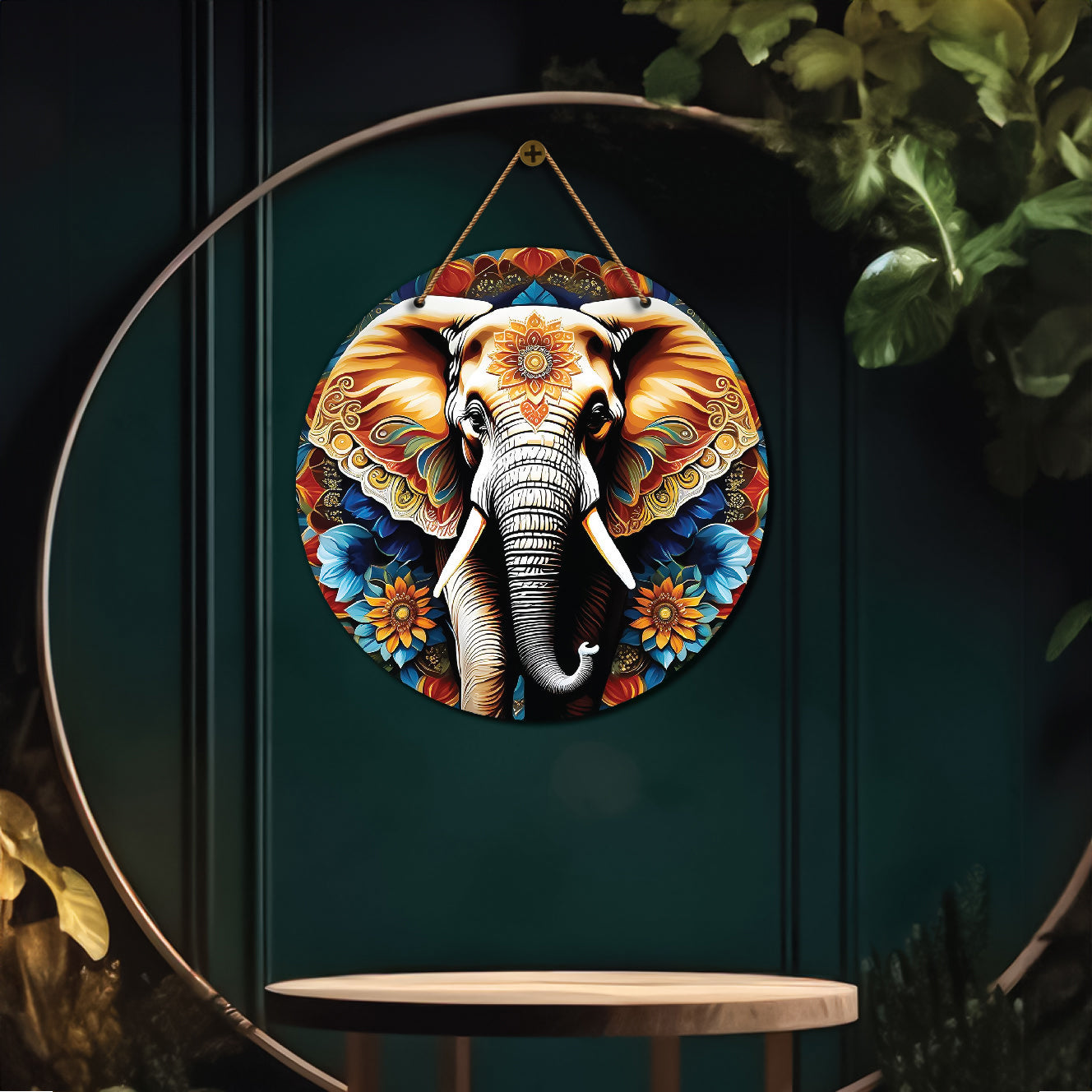 Elephant in blue and golden mandala Round Wooden Wall Hanging for wall Décor - Design - 224