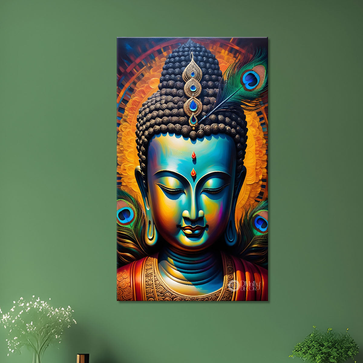 Golden buddha with peacock feathers painting Buddha-V-224