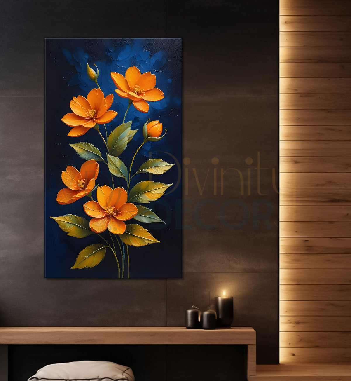 Orange flowers in navy blue textured painting- Flower-V-224