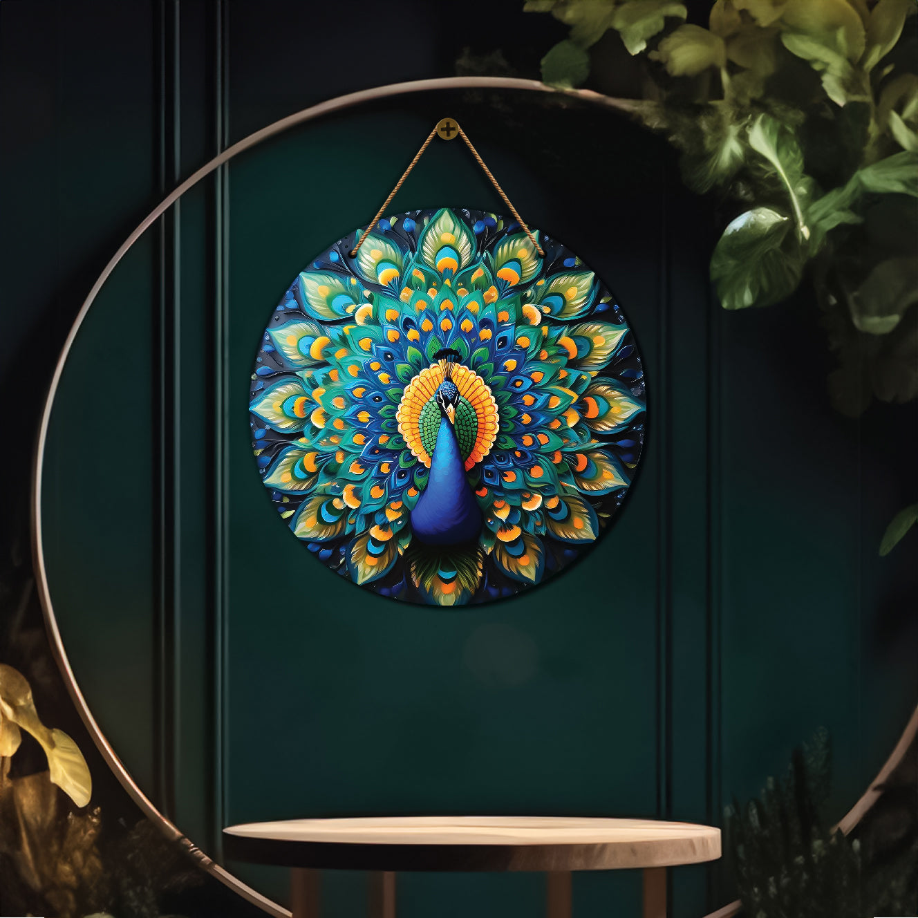 Peacock in green and yellow mandala Round Wooden Wall Hanging for wall Décor - Design - 225