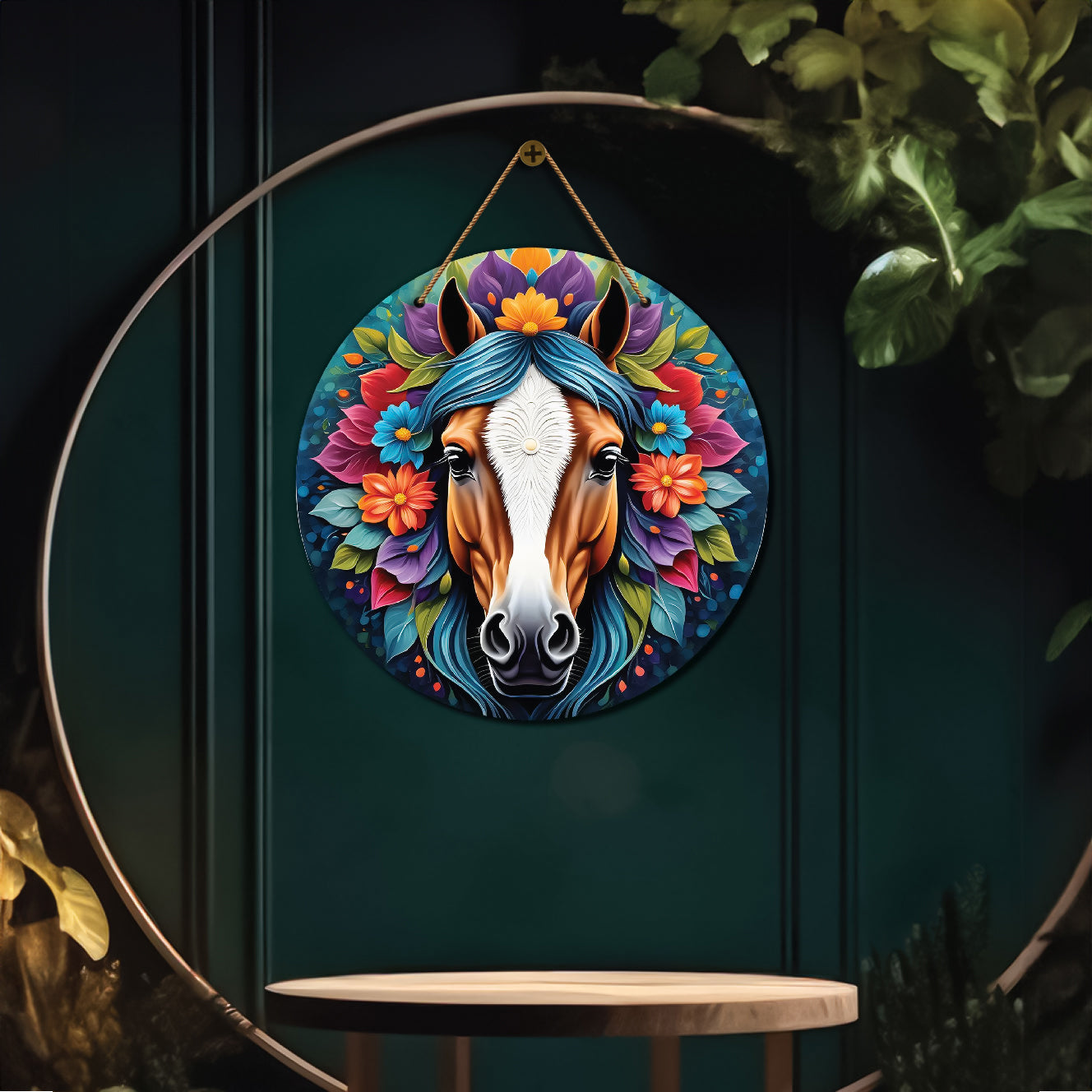 Horse in blue and pink mandala Round Wooden Wall Hanging for wall Décor - Design - 226