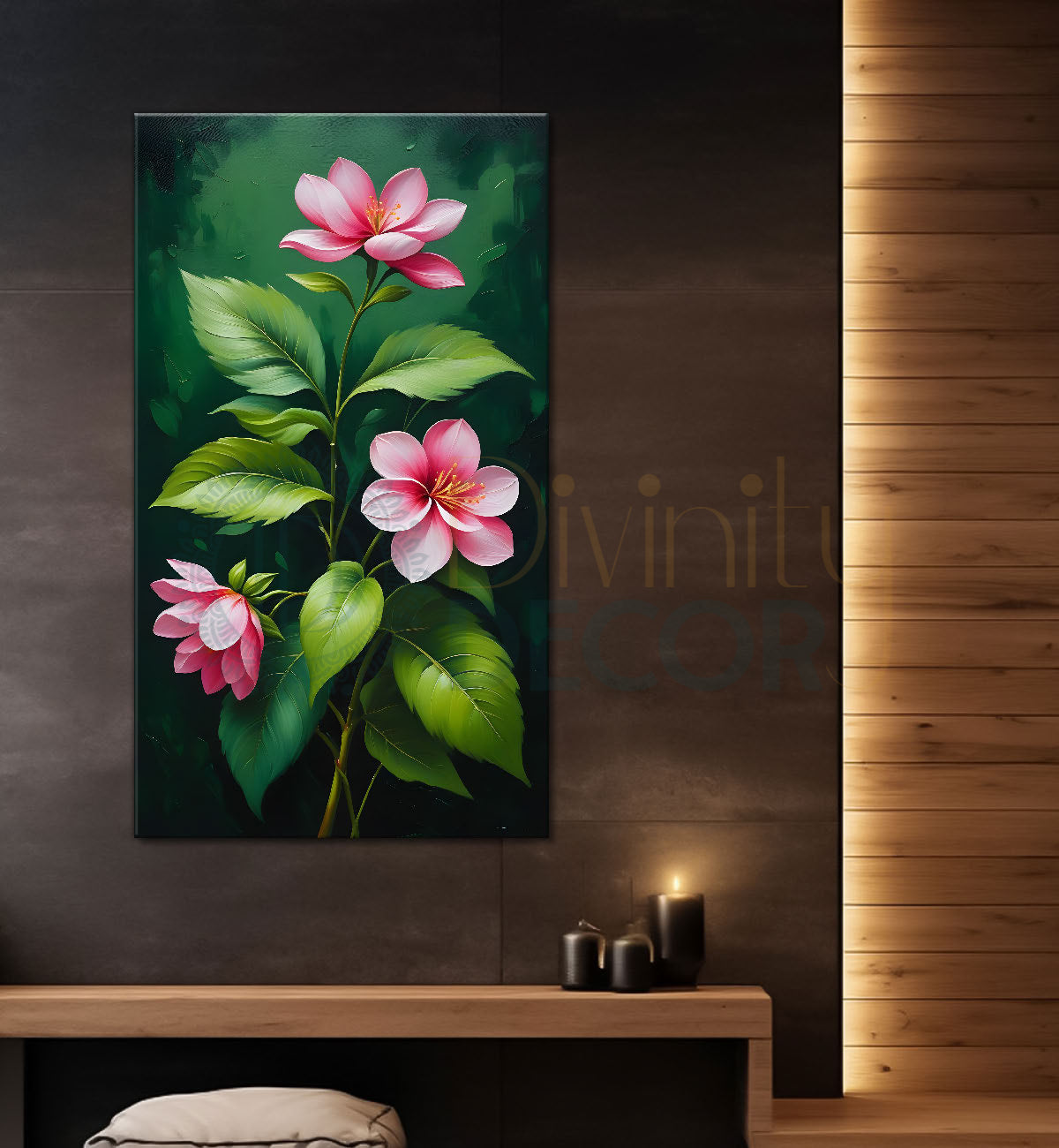 Pink flowers in green textured background painting- Flower-V-226