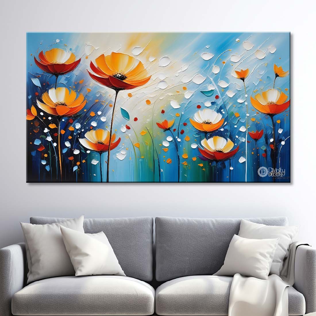 Orange flowers in blue background- Design - Flower-227