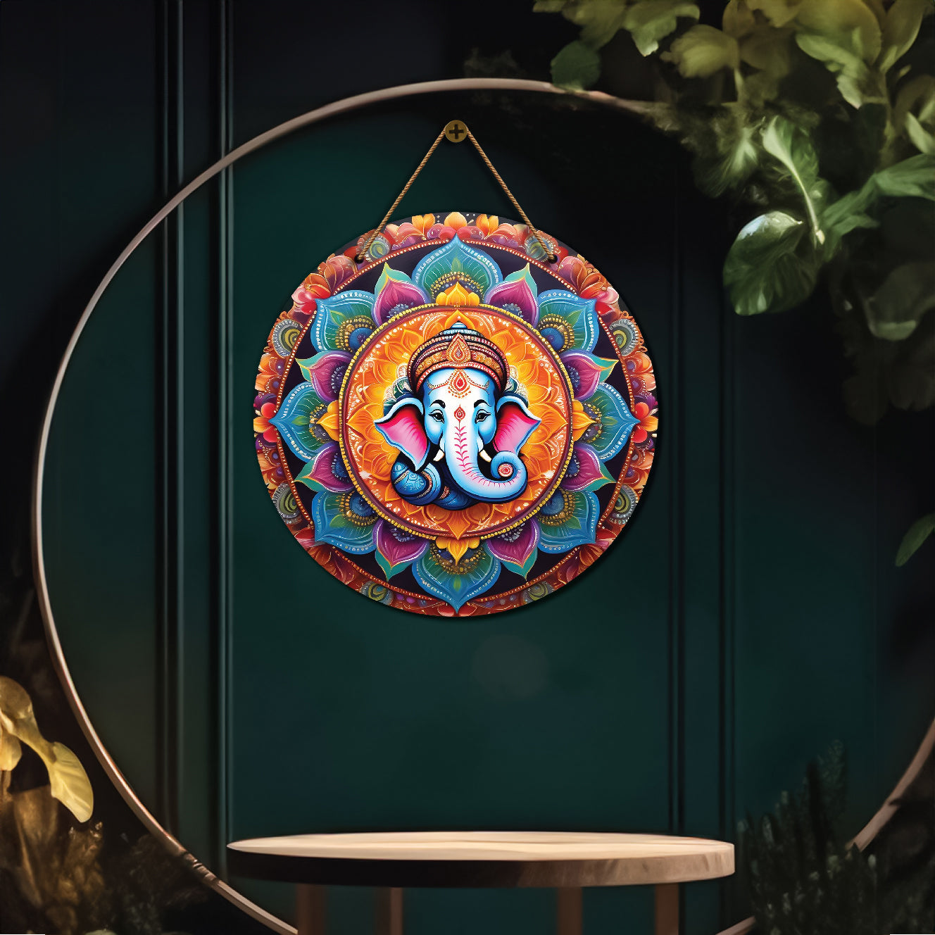 Ganesh Ji in blue and pink mandala Round Wooden Wall Hanging for wall Décor - Design - 227