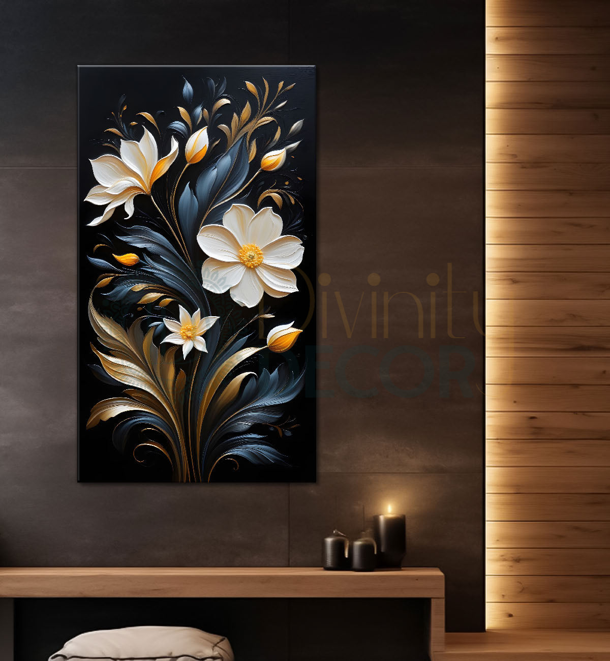 White flowers in brown textured painting- Flower-V-227