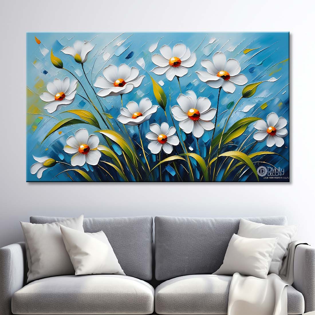 White flowers in blue background- Design - Flower-228