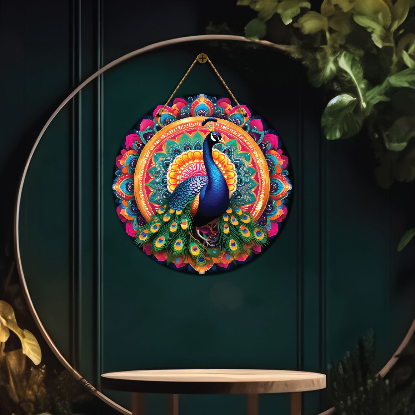 Peacock in orange and pink mandala Round Wooden Wall Hanging for wall Décor - Design - 228