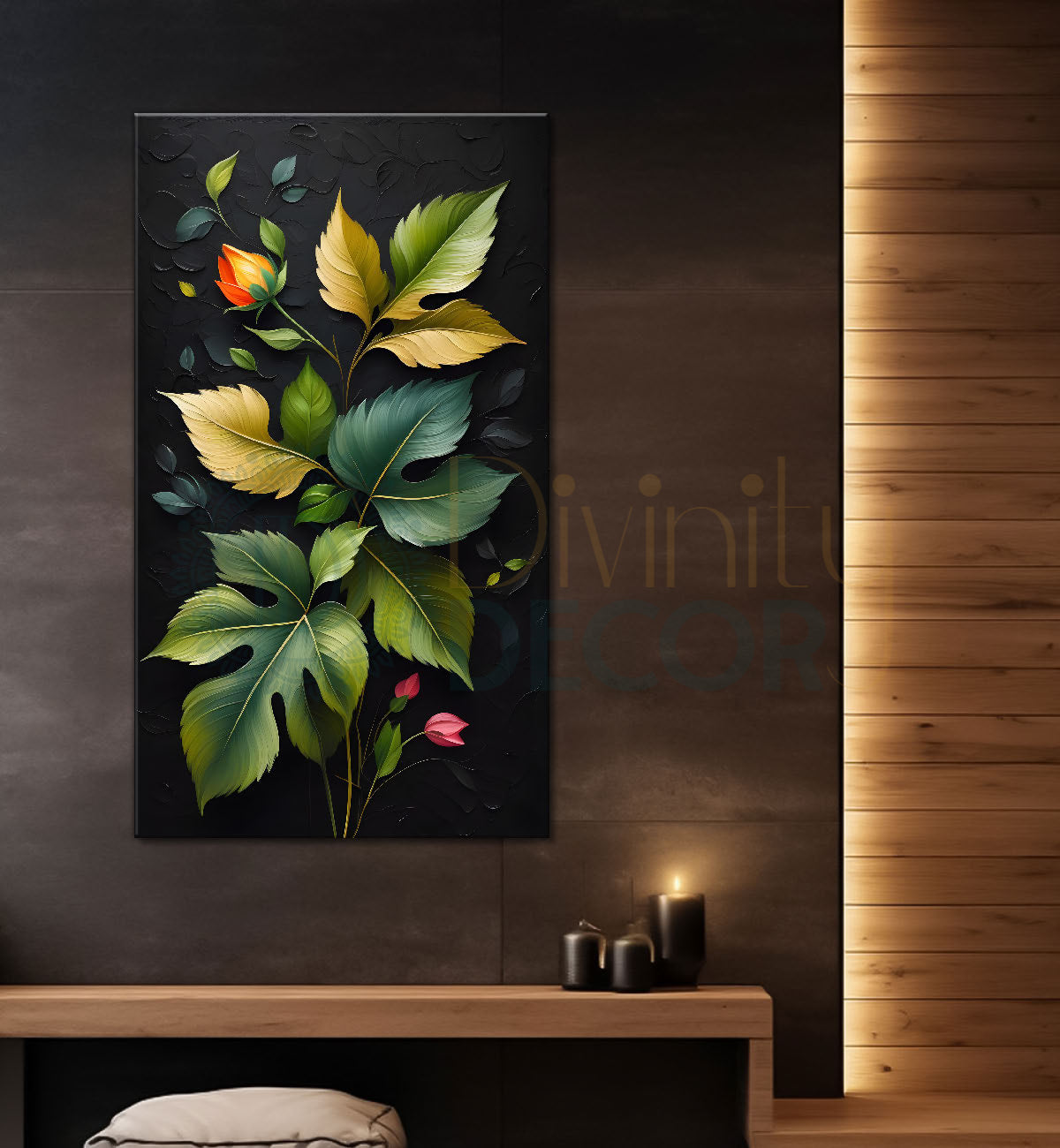 Orange and green leaves textured dark painting- Flower-V-228