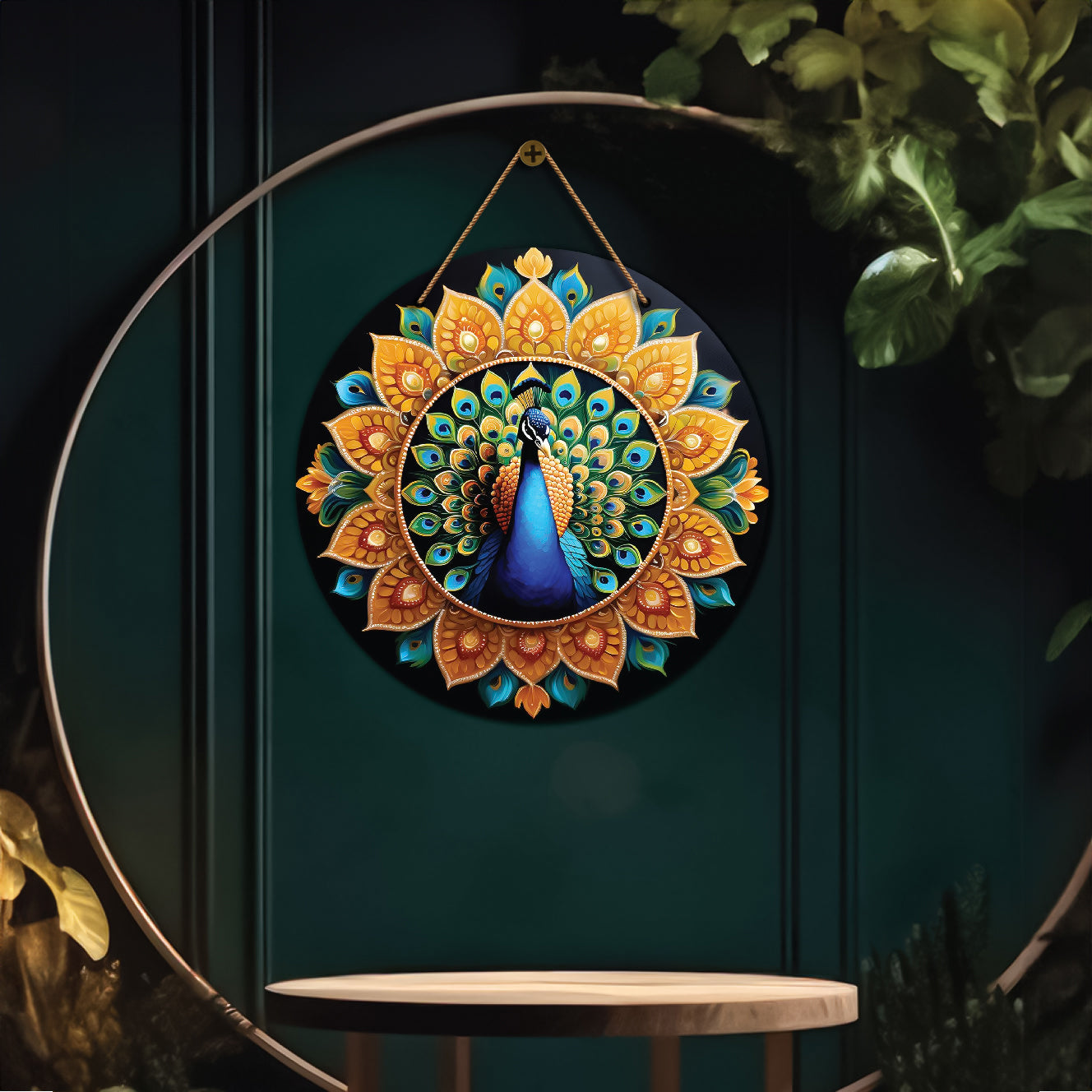 Peacock in green and golden mandala Round Wooden Wall Hanging for wall Décor - Design - 229