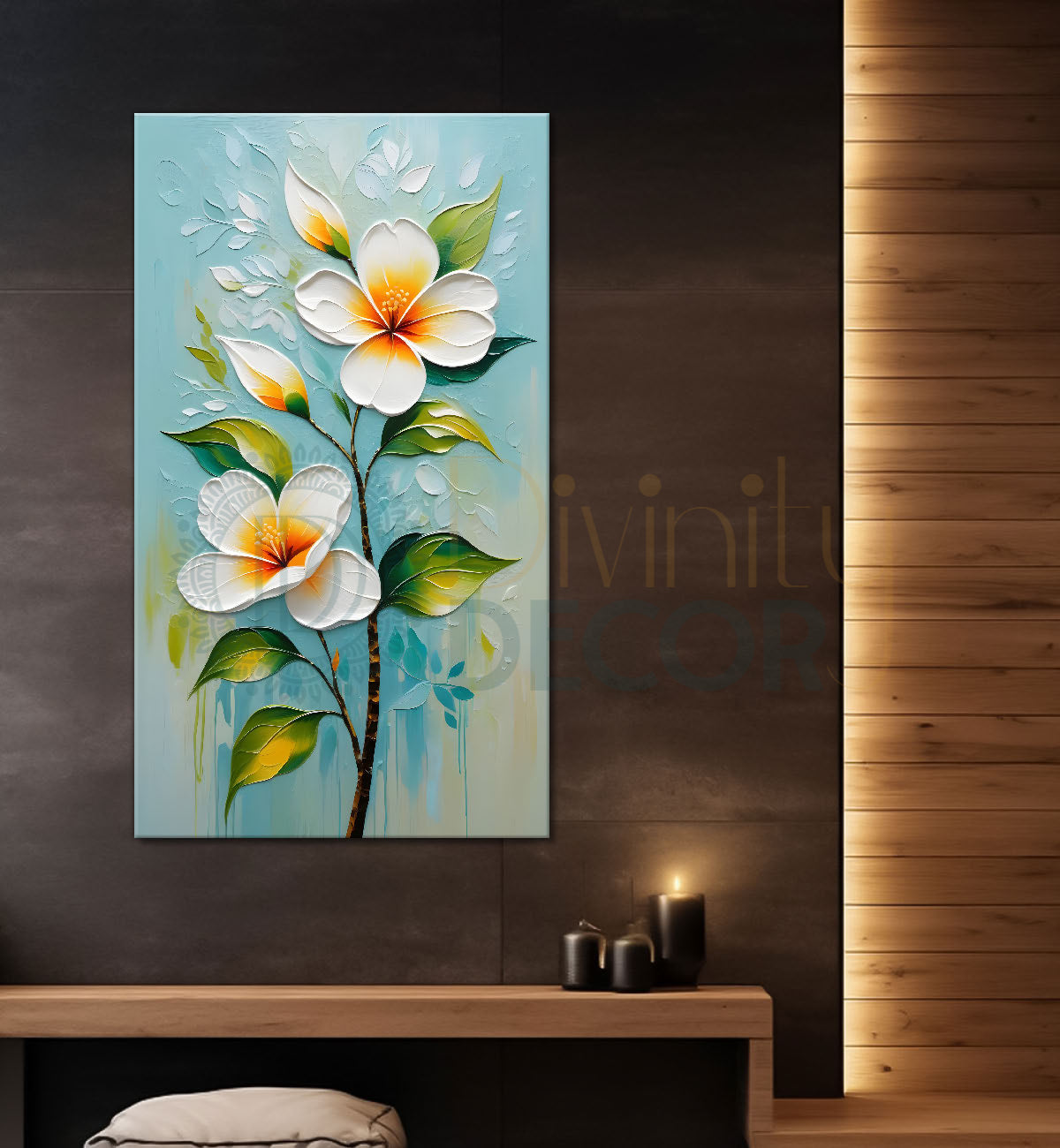 White flowers in sky blue textured background painting- Flower-V-229