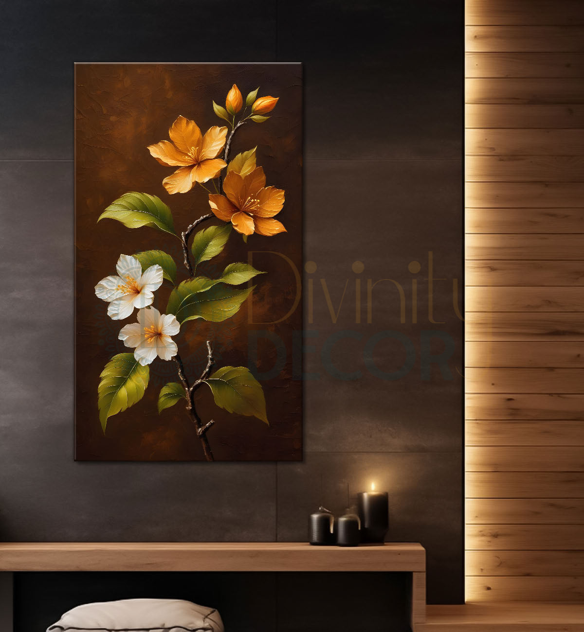 Orange and white flowers in brown textured painting- Flower-V-230