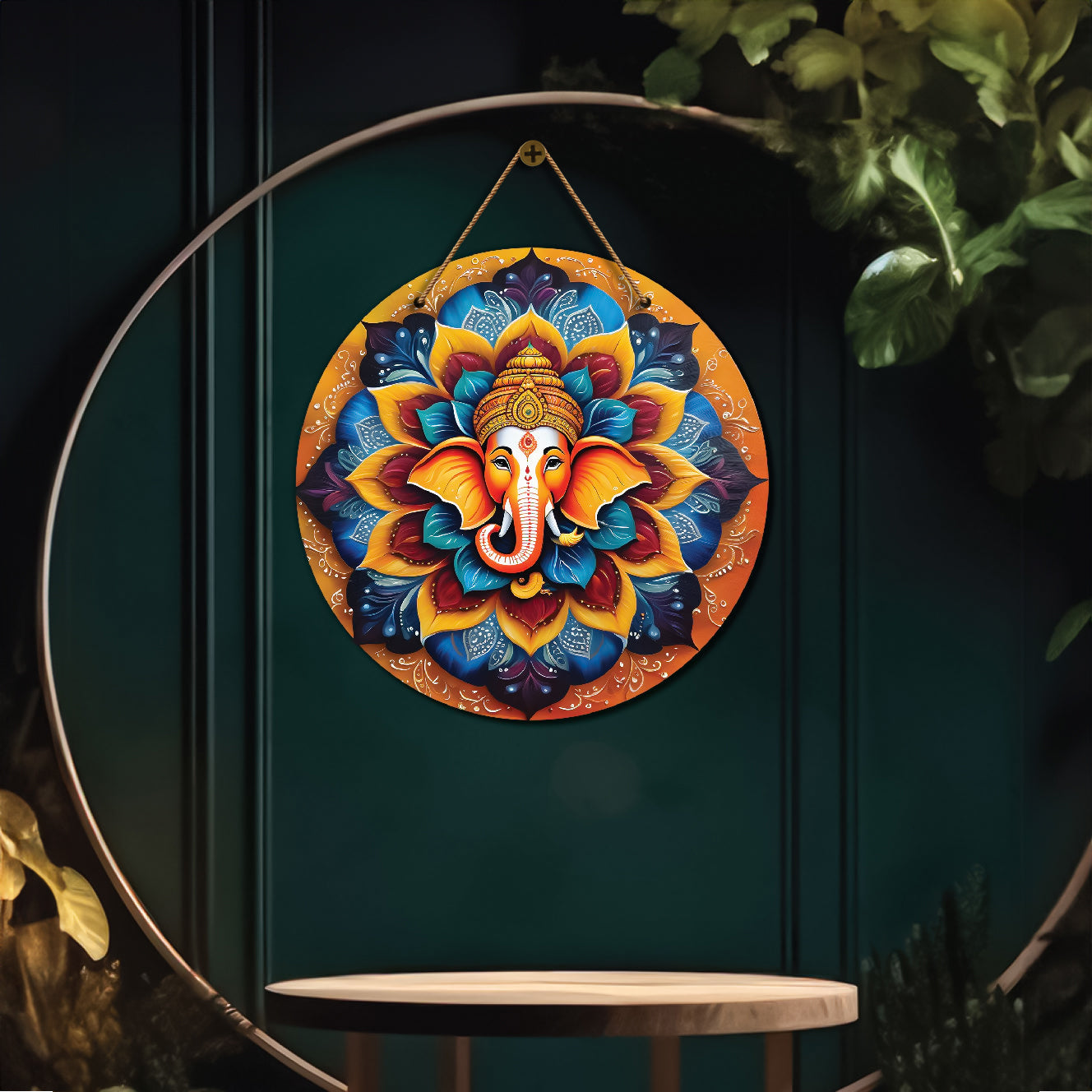Ganesh Ji in blue and yellow mandala Round Wooden Wall Hanging for wall Décor - Design - 230