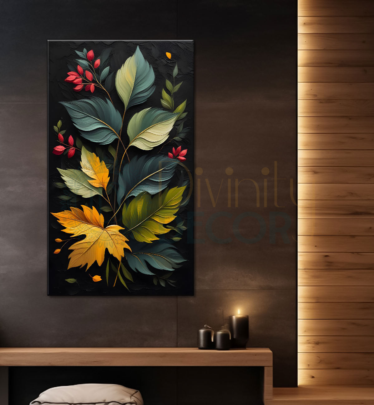 Red and green leaves textured dark painting- Flower-V-231