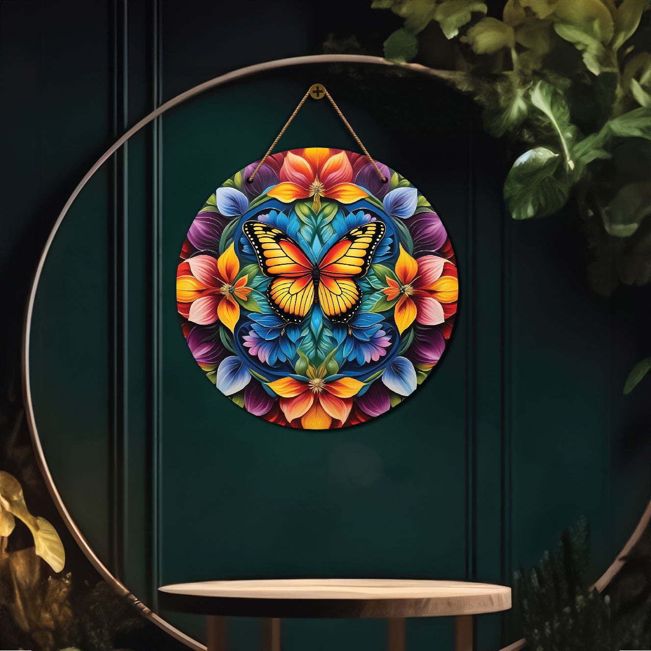 Butterfly in orange and purple mandala Round Wooden Wall Hanging for wall Décor - Design - 231