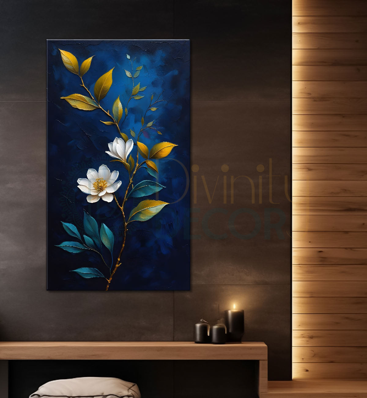 White flowers in navy blue textured painting- Flower-V-232