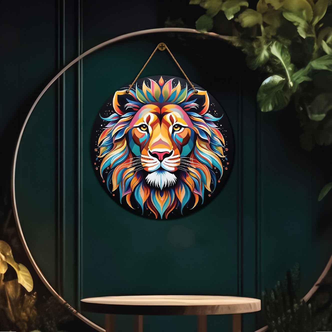 Lion in colours with black mandala Round Wooden Wall Hanging for wall Décor - Design - 232