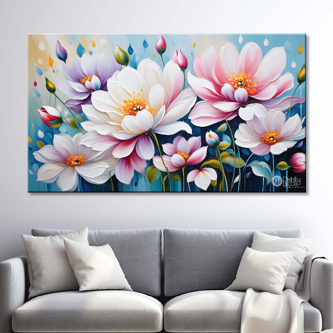 White flowers in blue background- Design - Flower-233