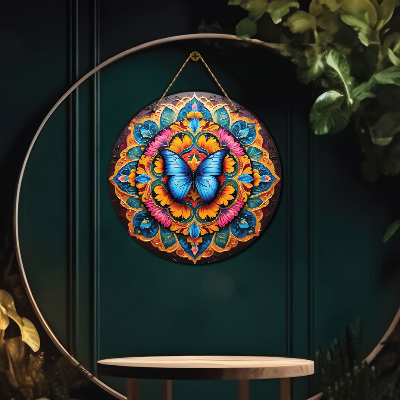 Butterfly in blue and yellow mandala Round Wooden Wall Hanging for wall Décor - Design - 233