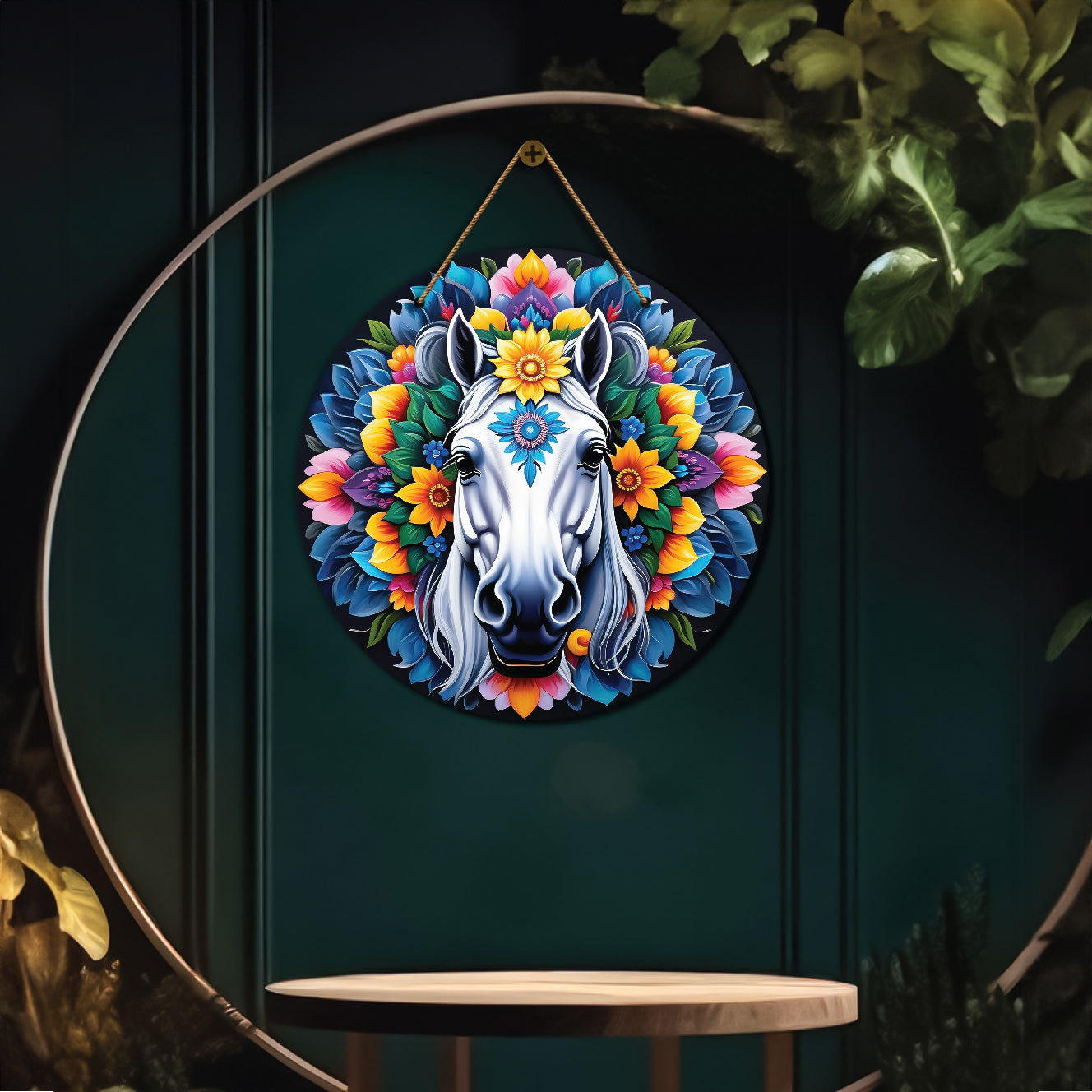 Horse in blue and yellow mandala Round Wooden Wall Hanging for wall Décor - Design - 234