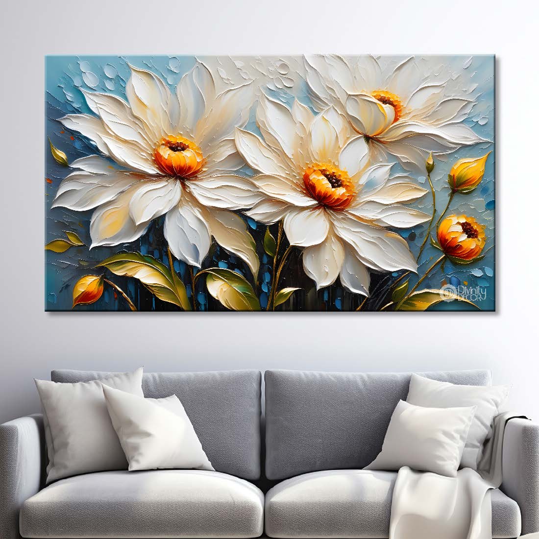 White flowers in blue background- Design - Flower-235