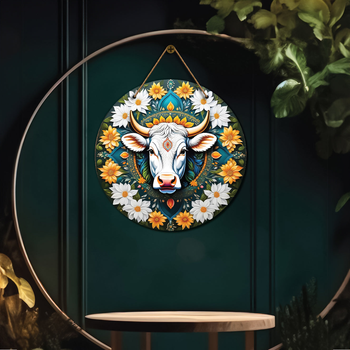 Cow in green and white mandala Round Wooden Wall Hanging for wall Décor - Design - 235