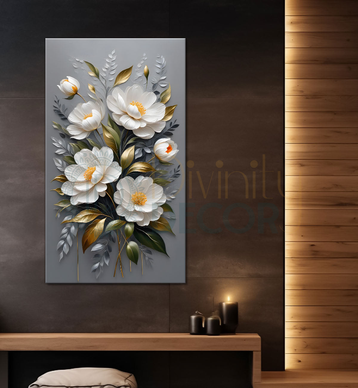 White flowers in grey textured background painting- Flower-V-235
