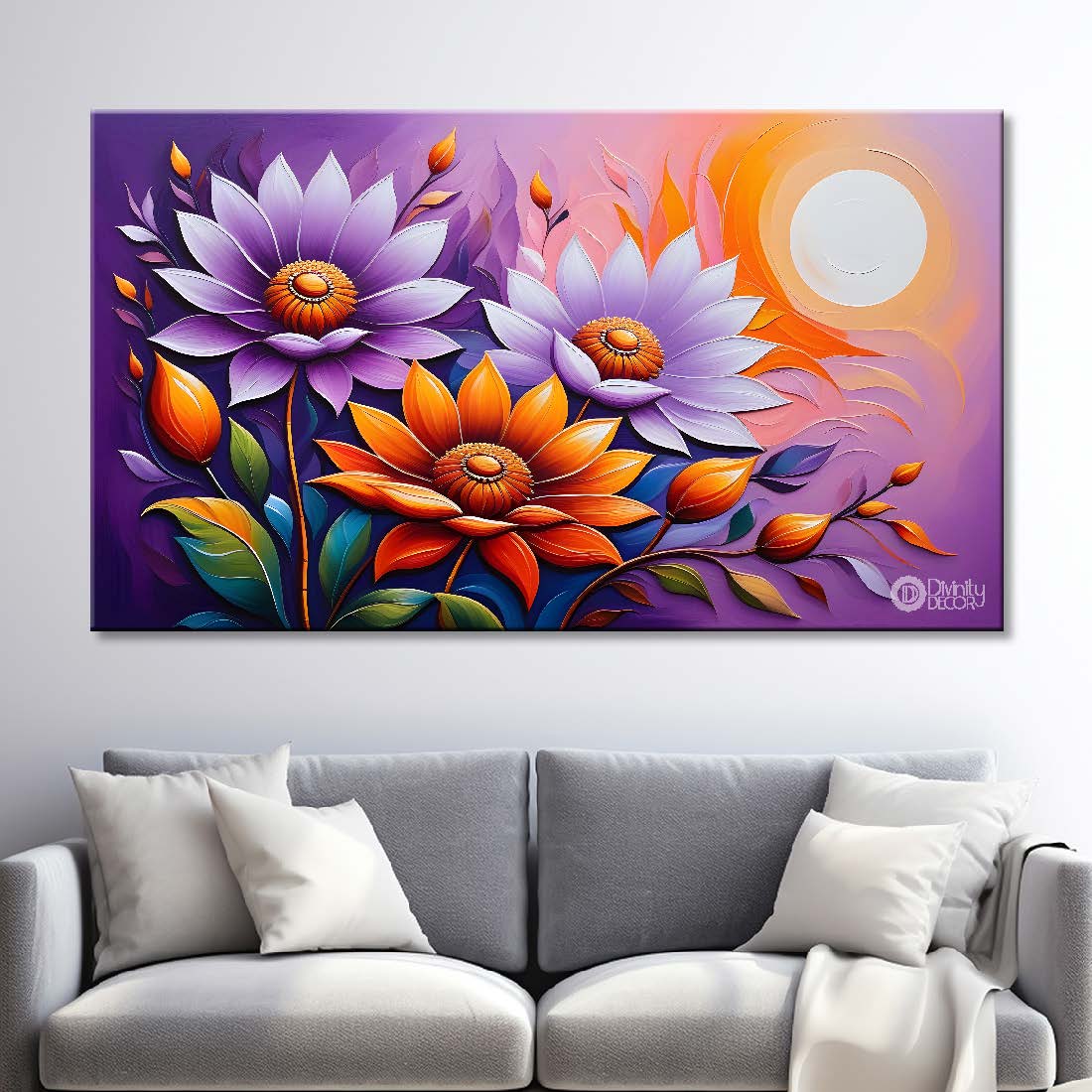 Purple flowers in purple and sun in background- Design - Flower-236