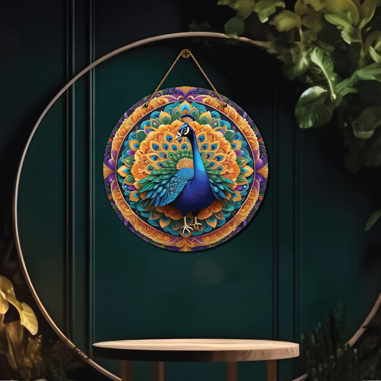 Peacock in green and golden mandala Round Wooden Wall Hanging for wall Décor - Design - 236