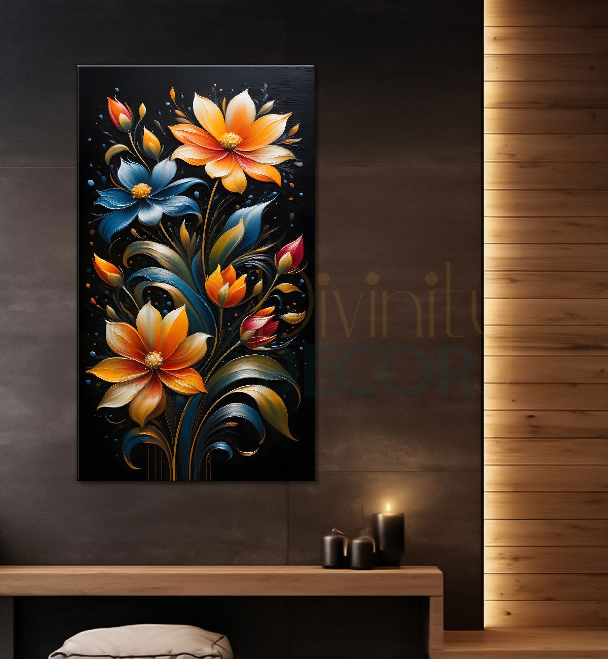 Colourful flowers in dark textured painting- Flower-V-236