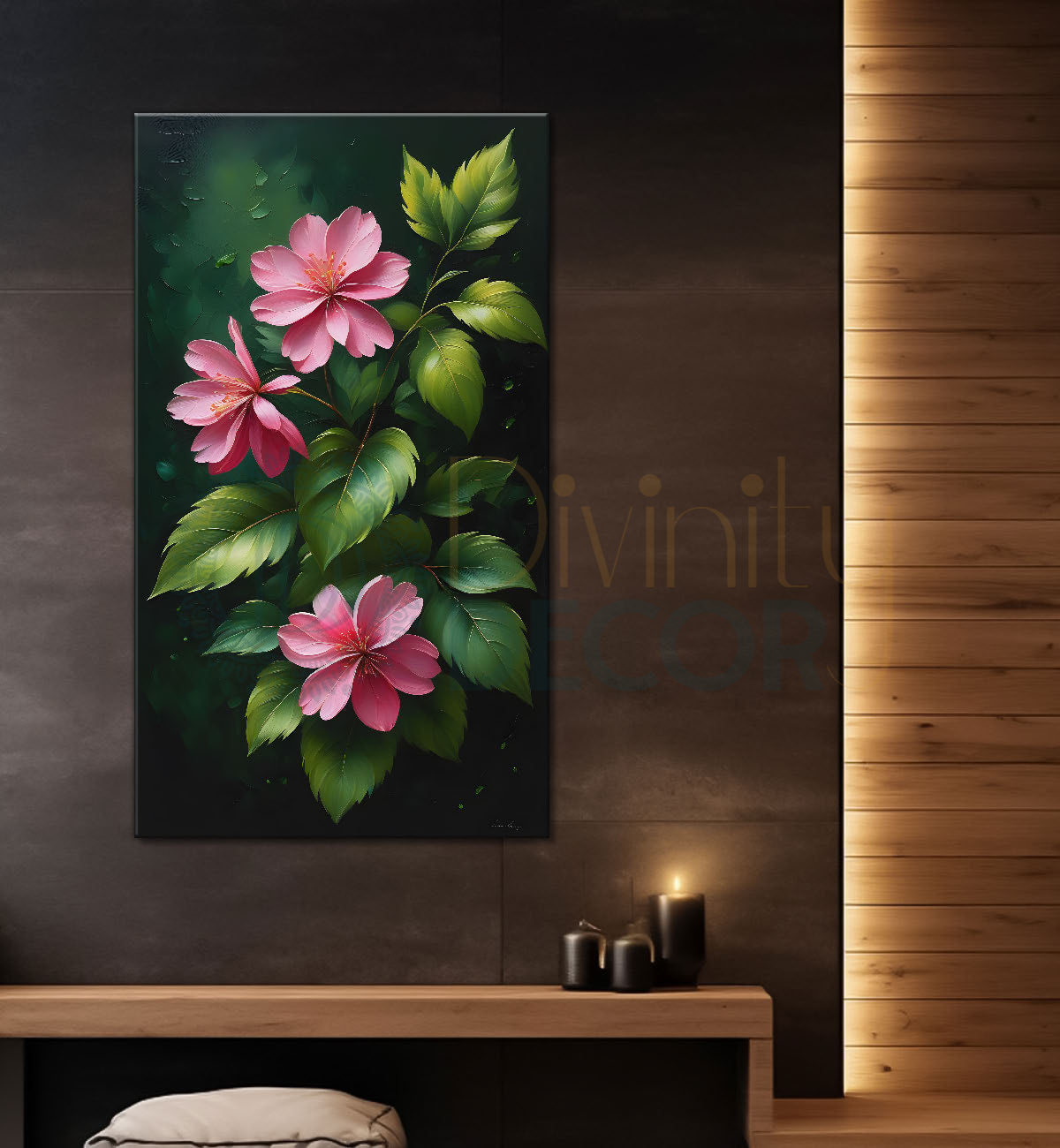 Pink flowers in green textured background painting- Flower-V-237
