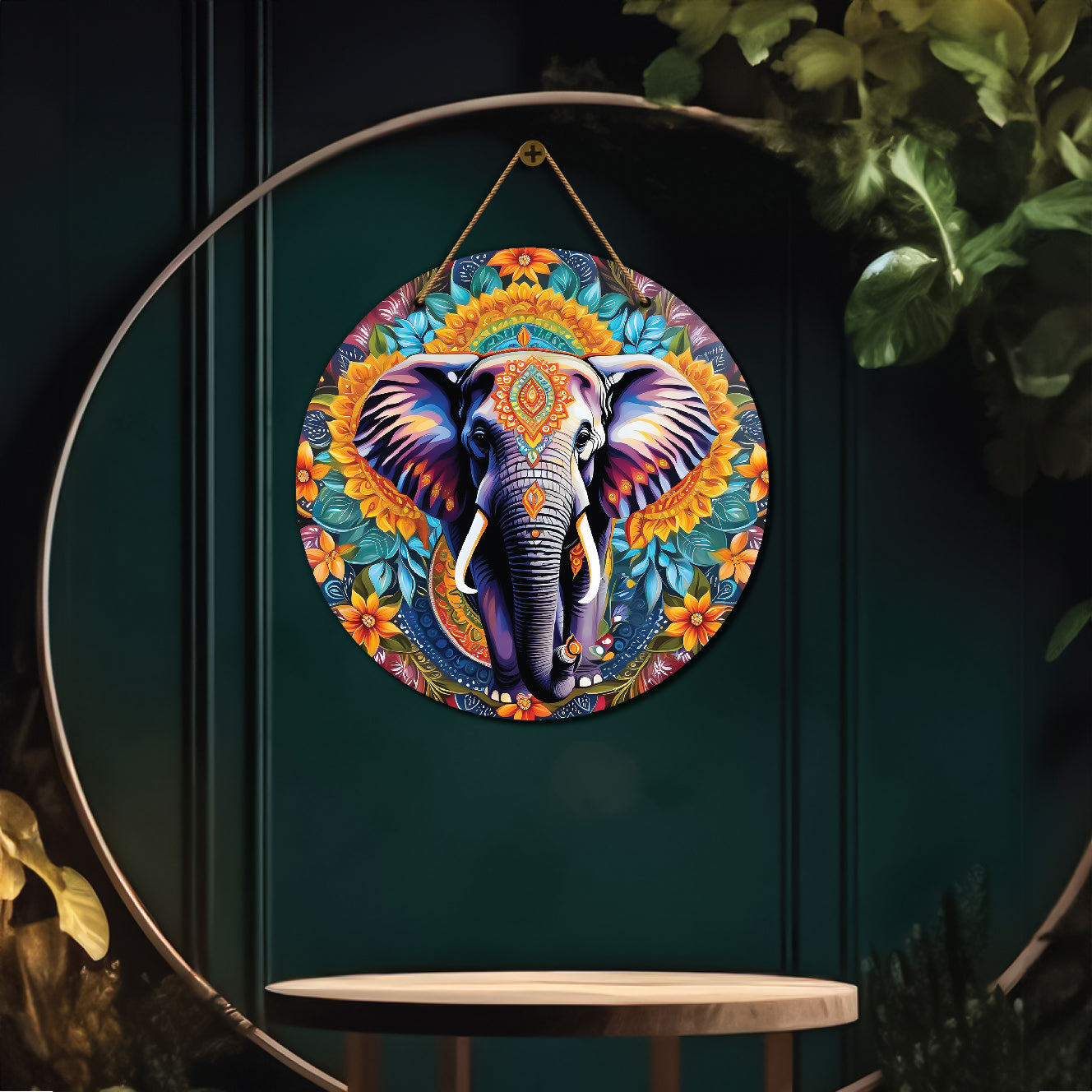 Elephant in green and golden mandala Round Wooden Wall Hanging for wall Décor - Design - 237