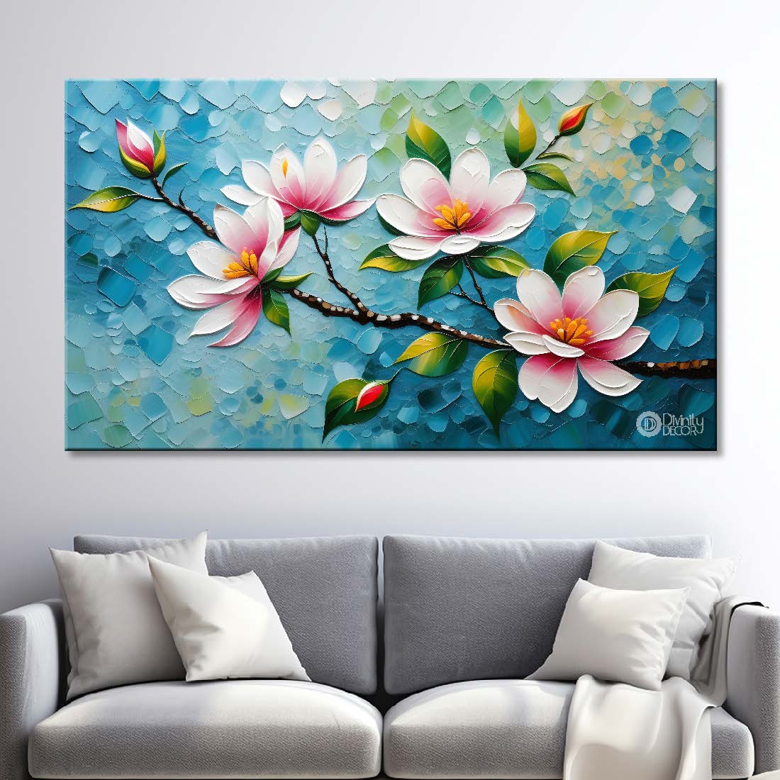 White flowers in blue background- Design - Flower-238