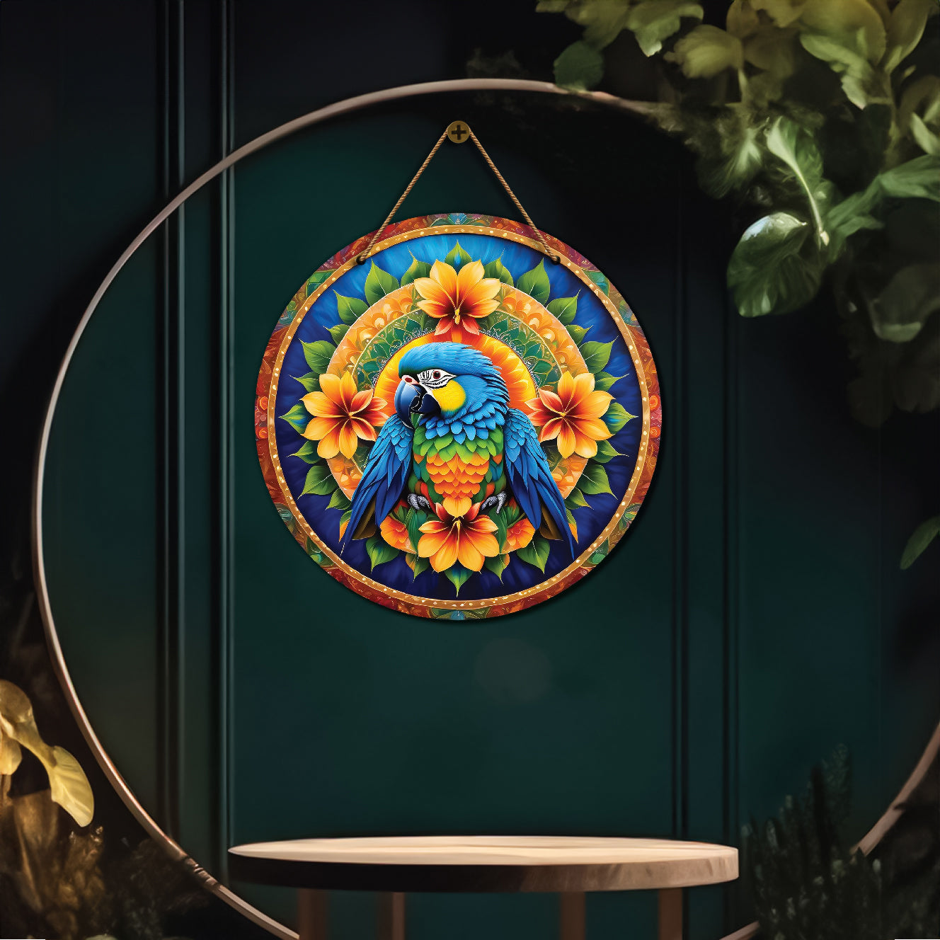 Parrot in green and yellow mandala Round Wooden Wall Hanging for wall Décor - Design - 238