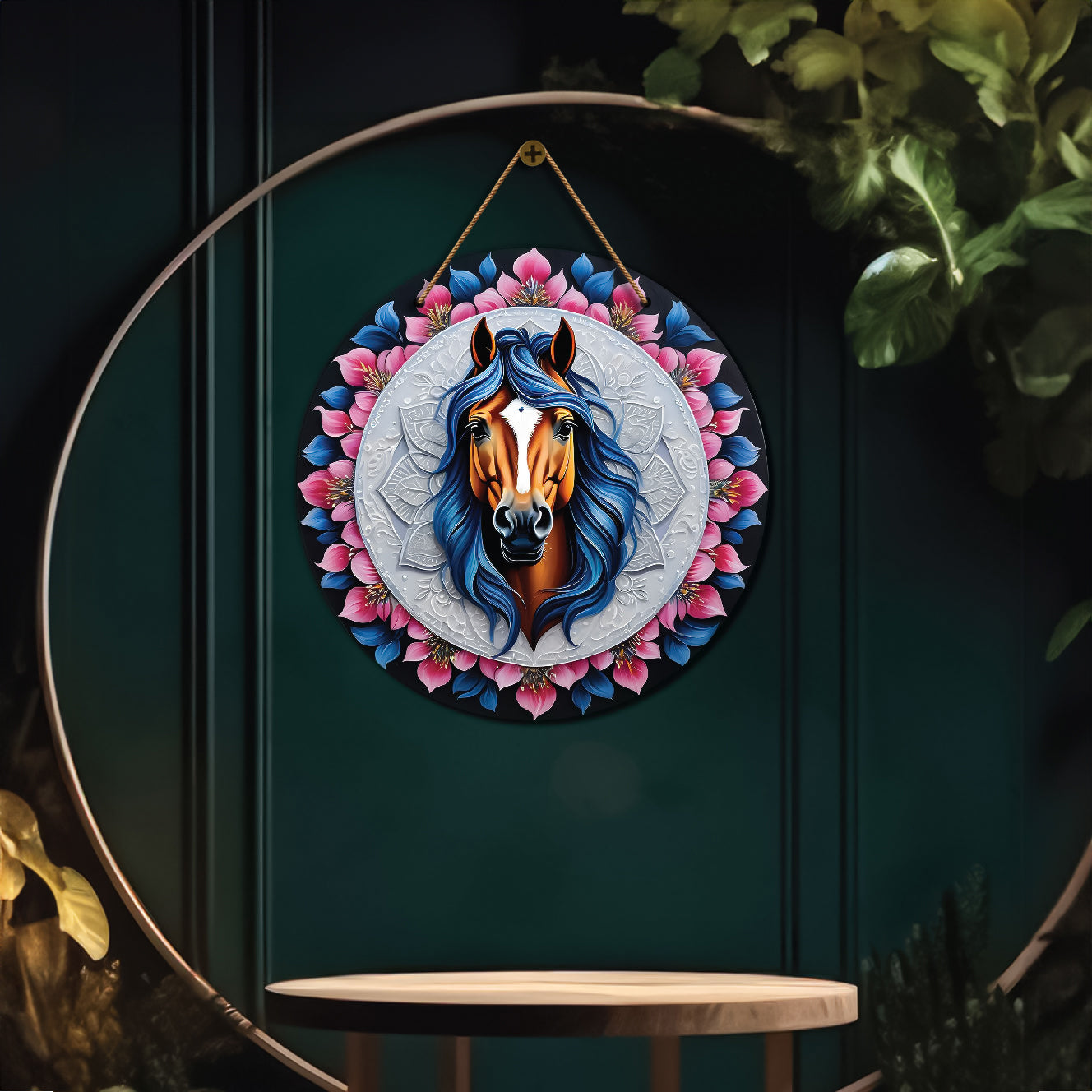 Horse in blue and pink mandala Round Wooden Wall Hanging for wall Décor - Design - 239