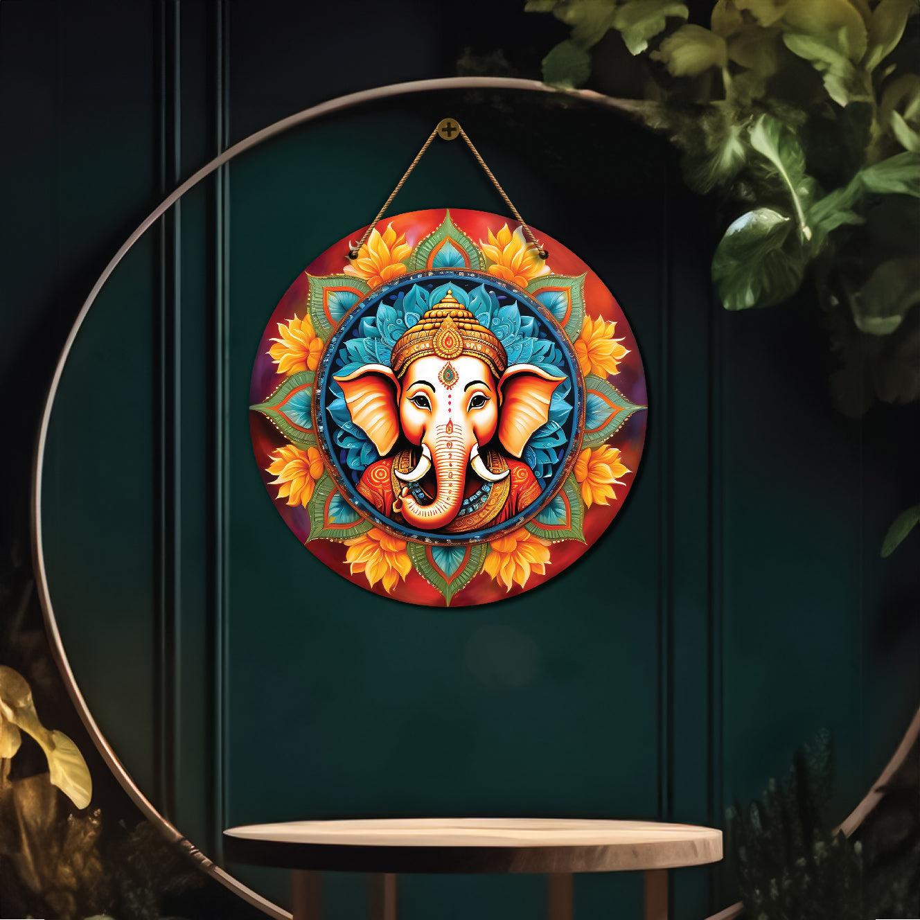 Ganesh Ji in blue and yellow mandala Round Wooden Wall Hanging for wall Décor - Design - 240