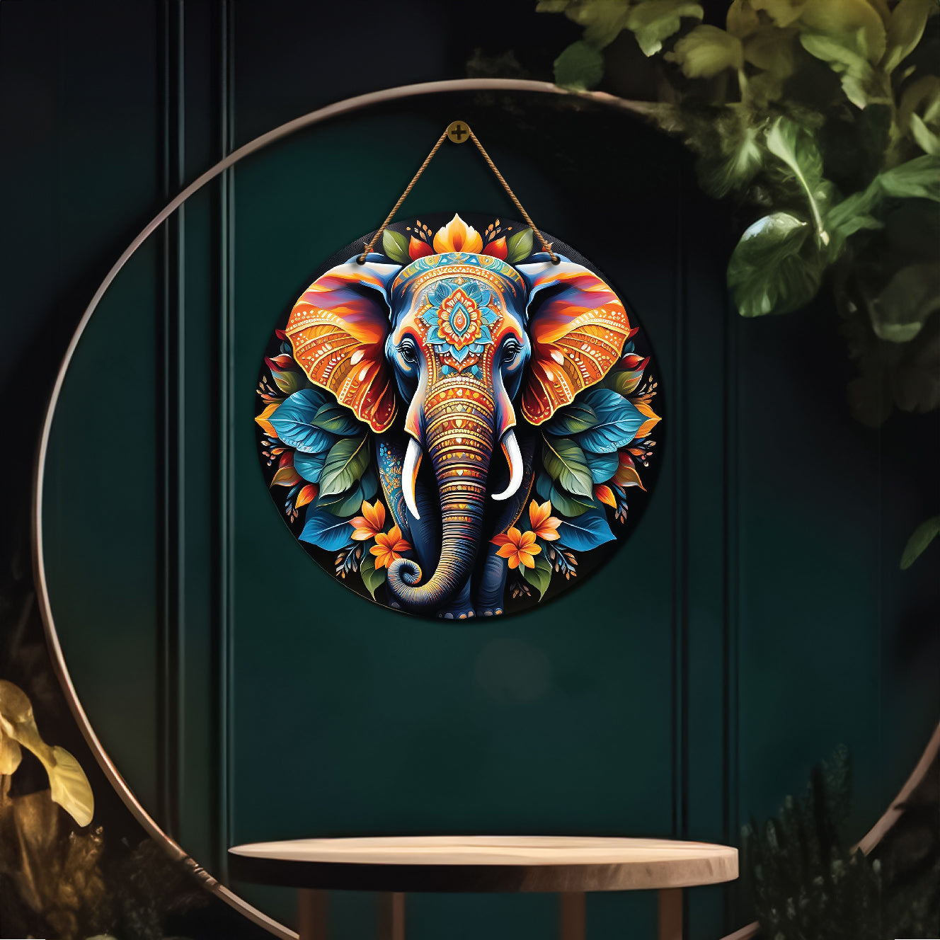 Elephant in blue and yellow mandala Round Wooden Wall Hanging for wall Décor - Design - 241