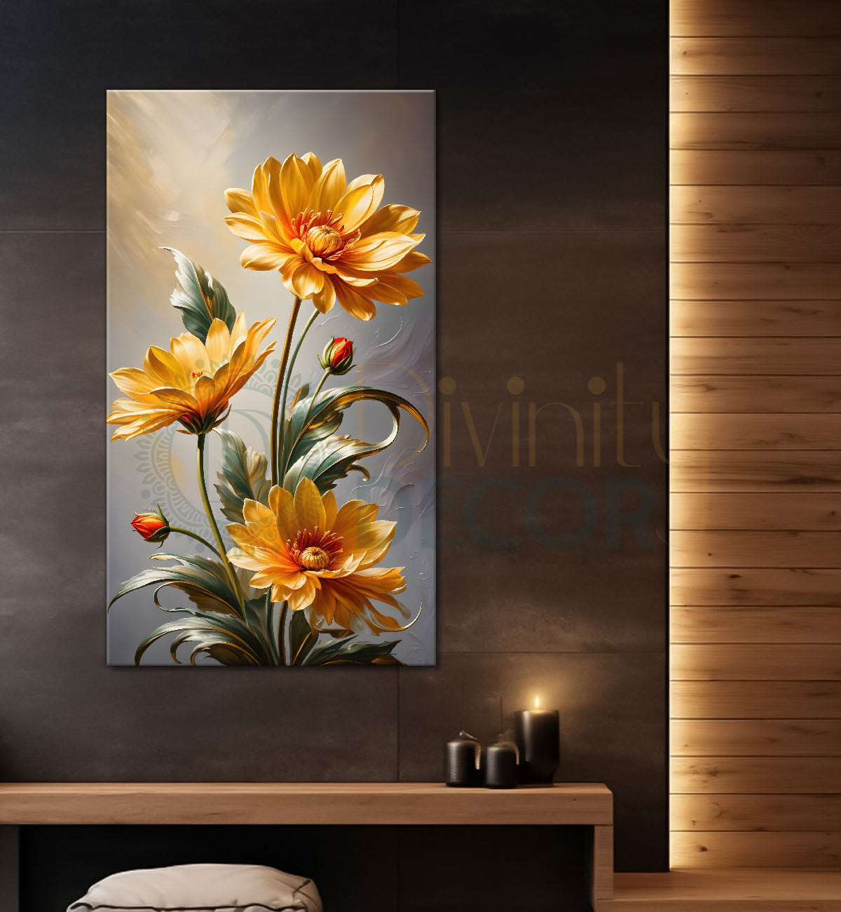 Orange flowers in grey textured background painting- Flower-V-241