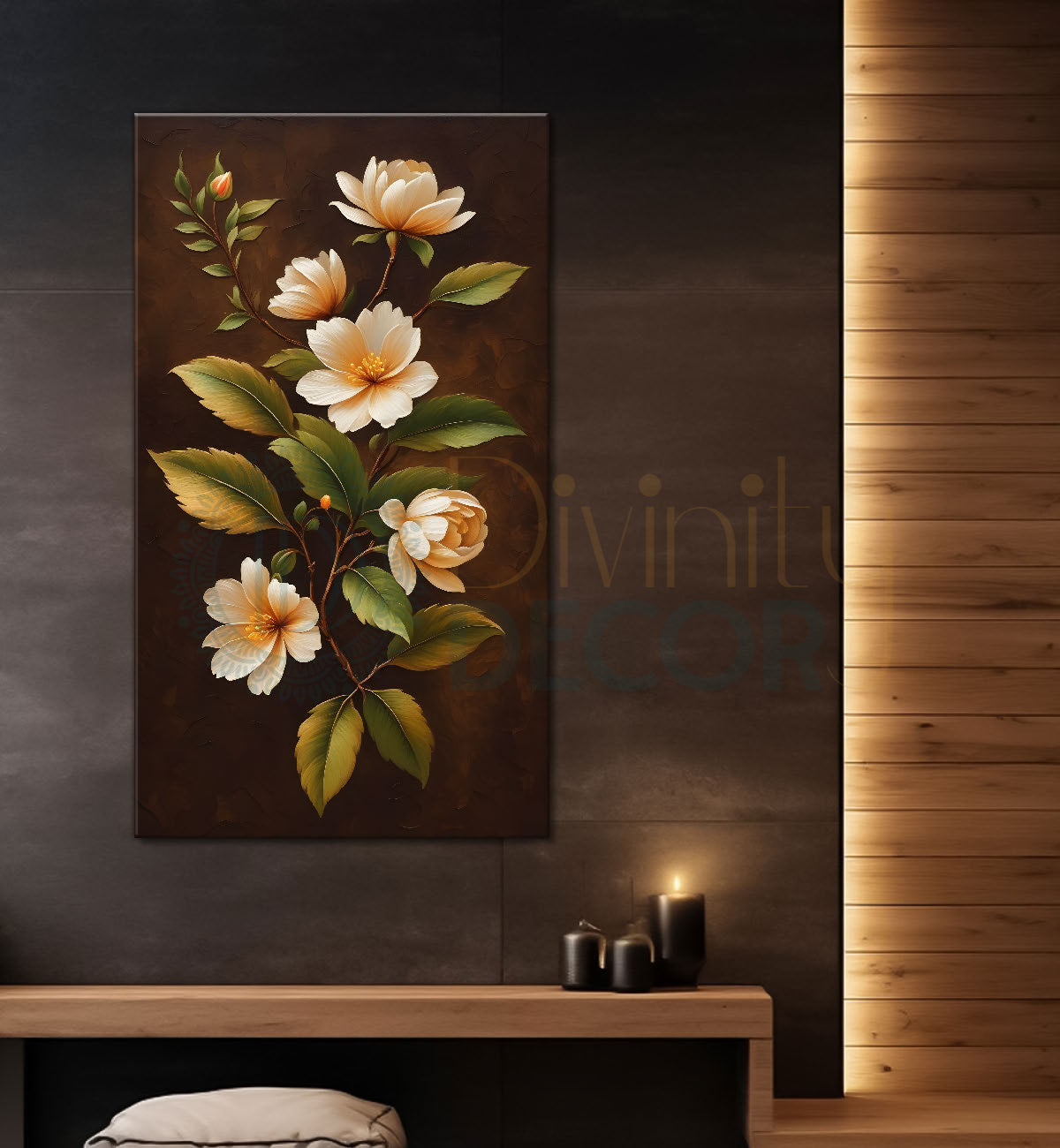White flowers in brown textured painting- Flower-V-242