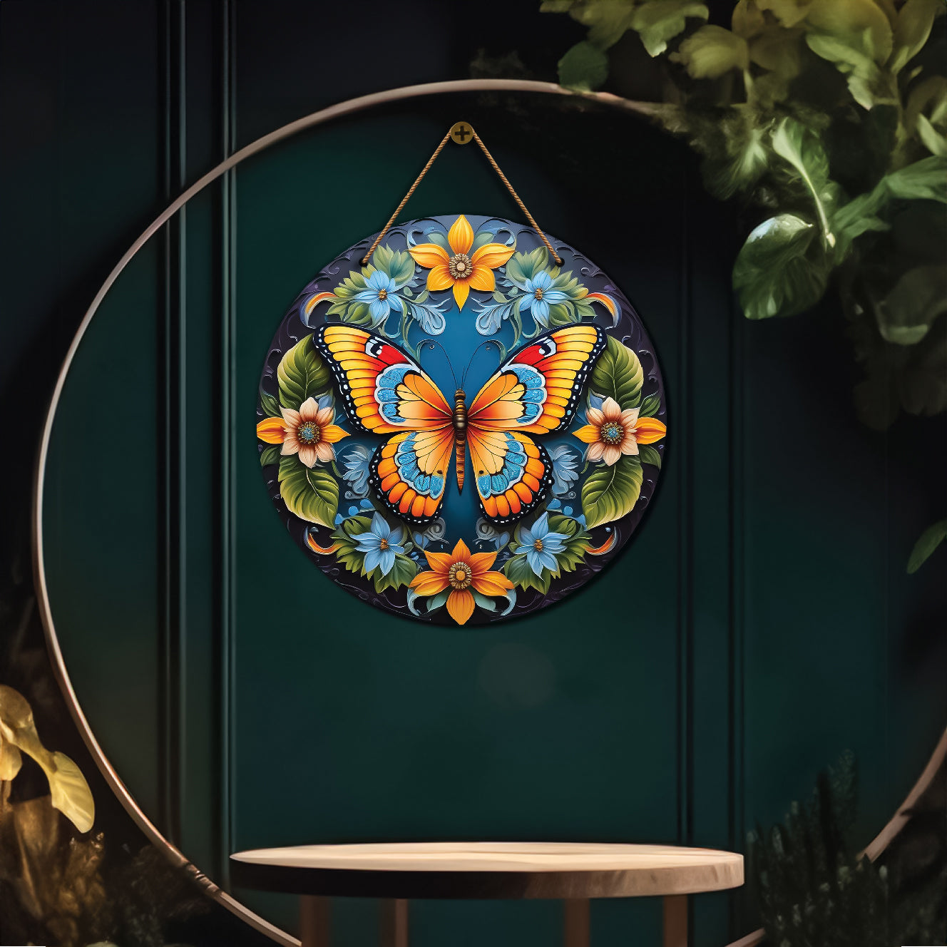 Butterfly in green and yellow mandala Round Wooden Wall Hanging for wall Décor - Design - 242