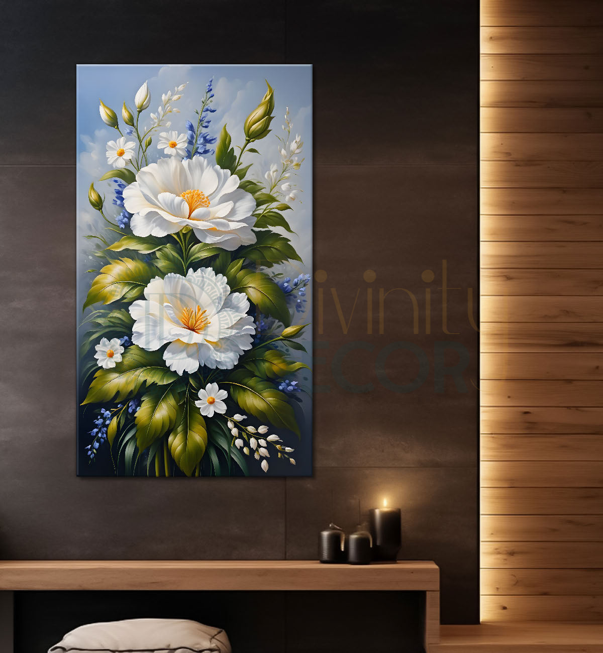 White flowers in blue textured background painting- Flower-V-243