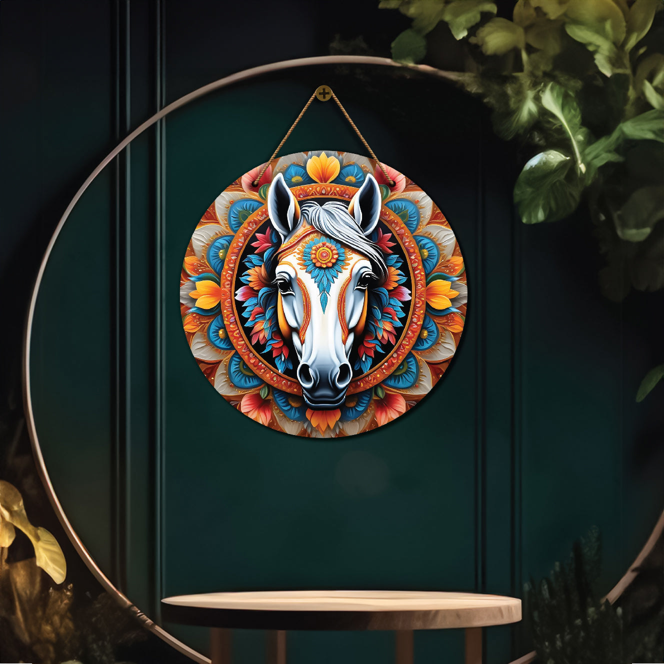 Horse in blue and yellow mandala Round Wooden Wall Hanging for wall Décor - Design - 243