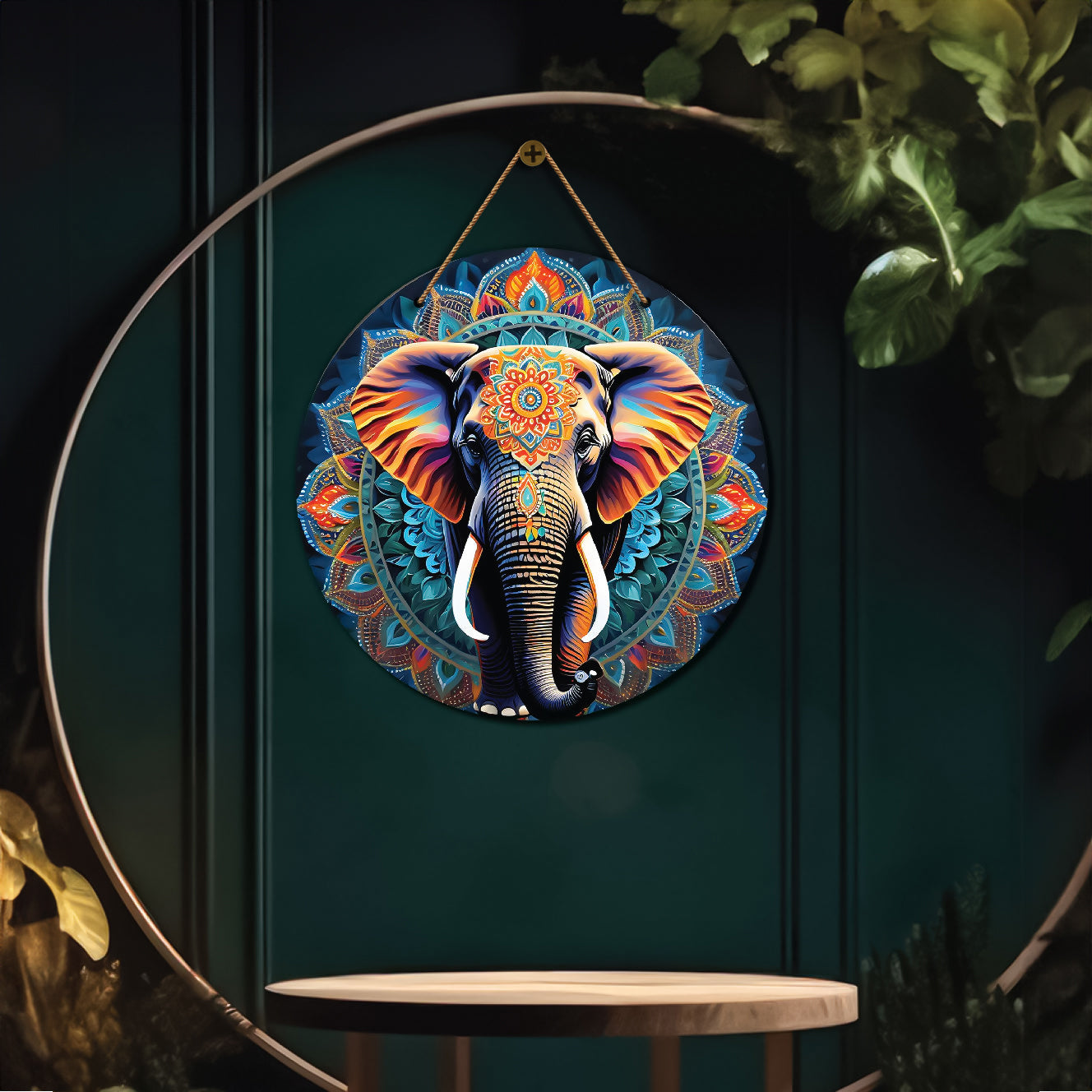 Elephant in blue and orange mandala Round Wooden Wall Hanging for wall Décor - Design - 244