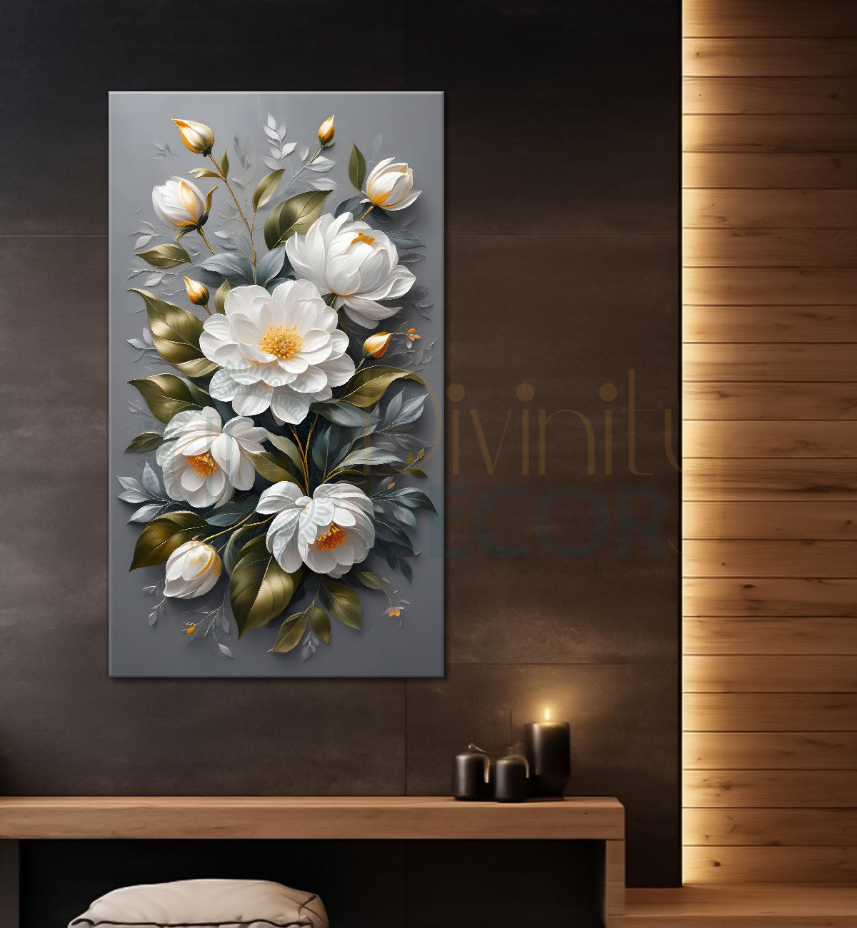 White flowers in grey textured background painting- Flower-V-244